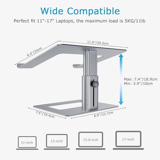 BoYata Laptop Stand, Ergonomic Aluminum Height Adjustable Computer Stand Laptop Holder for Desk, Compatible with MacBook Pro/Air, Dell, Lenovo, HP, Samsung, More Laptops 11-17"