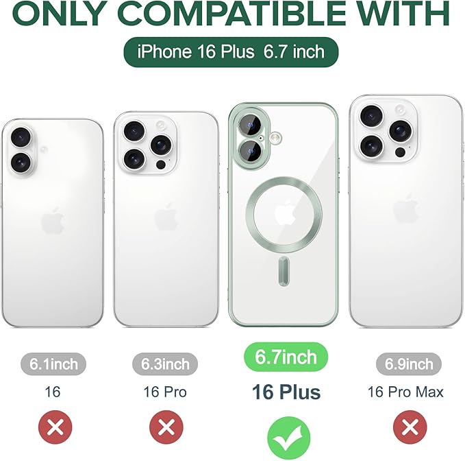 Hython Magnetic Clear for iPhone 16 Plus Case with Camera Lens Protector [Compatible with MagSafe] Luxury Plating Edge Slim Soft TPU Cover Protective Phone Case for iPhone 16 Plus, Matte Mint