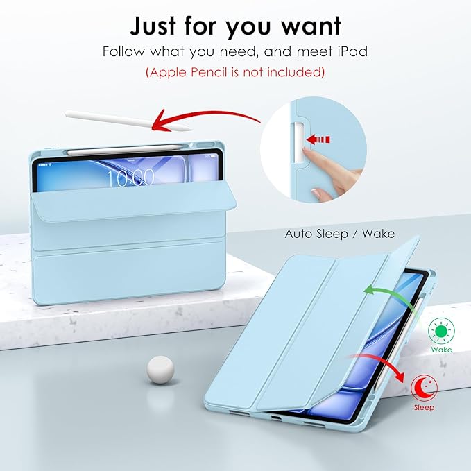 DTTO for iPad Air 13 Inch Case M4/M3/M2 2026/2025/2024, iPad Pro 12.9 Inch Case (6th/5th/4th/3rd Gen), Smart Slim Trifold Stand Soft Cover with Pencil Holder, Ice Blue
