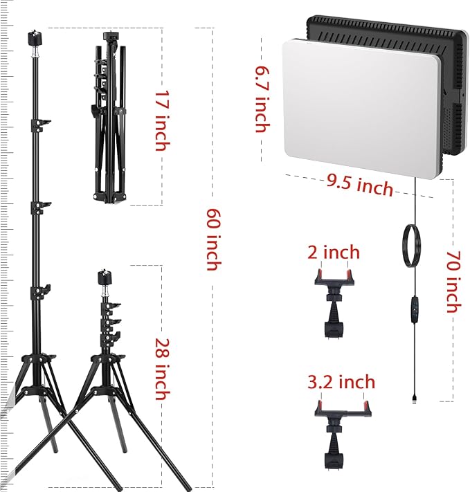 2-Pack LED Video Light Panel, 2700K-7500K Bi-Color Dimmable Photography Lighting Kit with 60" Tripod Stands & Phone Holders, CRI 95+ Studio Lights for Streaming, YouTube, TikTok, Zoom