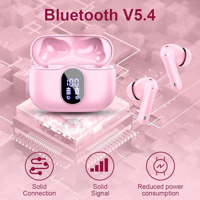 Btootos Wireless Earbuds Bluetooth 5.4 Headphones Bass Stereo Ear Buds with Noise Cancelling Mic LED Display in Ear Earphones IP7 Waterproof 36H Playtime for Laptop Pad Phones Sports Workout Pink