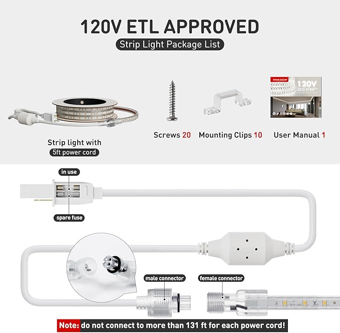 Shine Decor LED Strip Light Easy Connectable, 6000K Cool White Cold Resist Weatherproof Plug-in for Indoor Outdoor, 101 LM/FT Dimmable Bright Eco Rope Lighting 16.4FT, 120V Whole Set ETL Listed