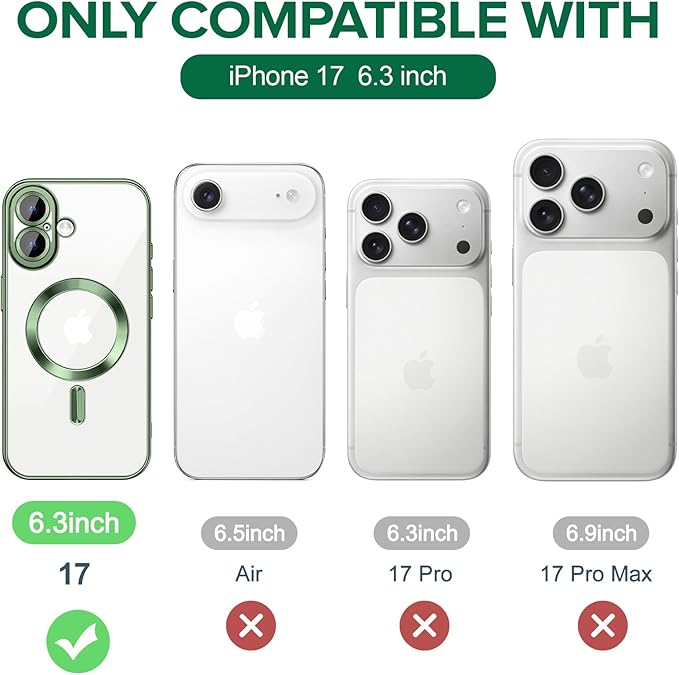 Hython Magnetic Clear for iPhone 17 Case with Camera Lens Protector [Compatible with MagSafe] Luxury Plating Edge Slim Soft TPU Cover Protective Phone Case for iPhone 17 6.3", Deep Green