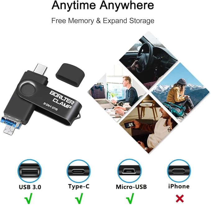512GB 3 in 1 USB 3.0 Flash Drive Photo Stick for Android Phones, BorlterClamp OTG Memory Stick with 3 USB Ports (USB C, microUSB, USB A) for Samsung Galaxy, LG, Tablets, PC and More, Black