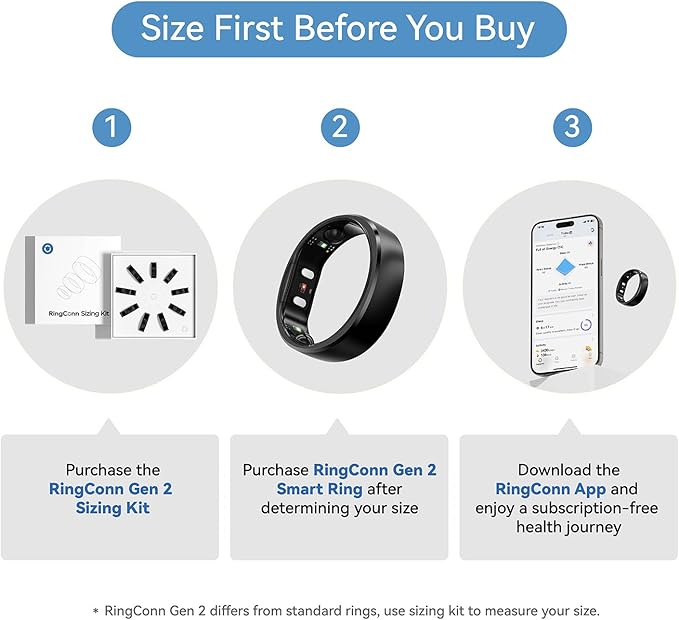 RingConn Gen 2, World’s First Smart Ring with Sleep Apnea Monitoring, No APP Subscription, 12-Day Battery Life, Stress/Heart Rate/Women's Health Tracker, Android & iOS Compatible (Black, Size 11)