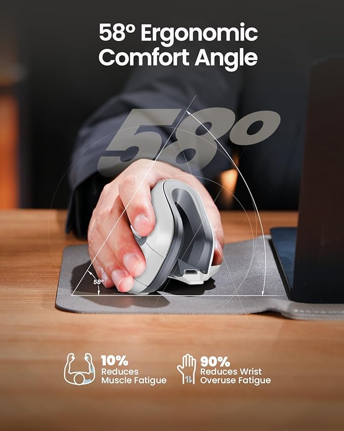 ProtoArc Ergonomic Mouse, EM11 NL Bluetooth Rechargeable Wireless Vertical Mouse, 3 Multi-Device Connectivity for Computer/PC/Laptop, 2.4GHz USB-A Optical Mice for Windows, Mac OS, White