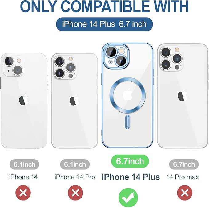 Hython Magnetic Clear for iPhone 14 Plus Case with Camera Lens Protector [Compatible with MagSafe] Luxury Plating Edge Slim Soft TPU Cover Protective Phone Case for iPhone 14 Plus 6.7", Light Blue