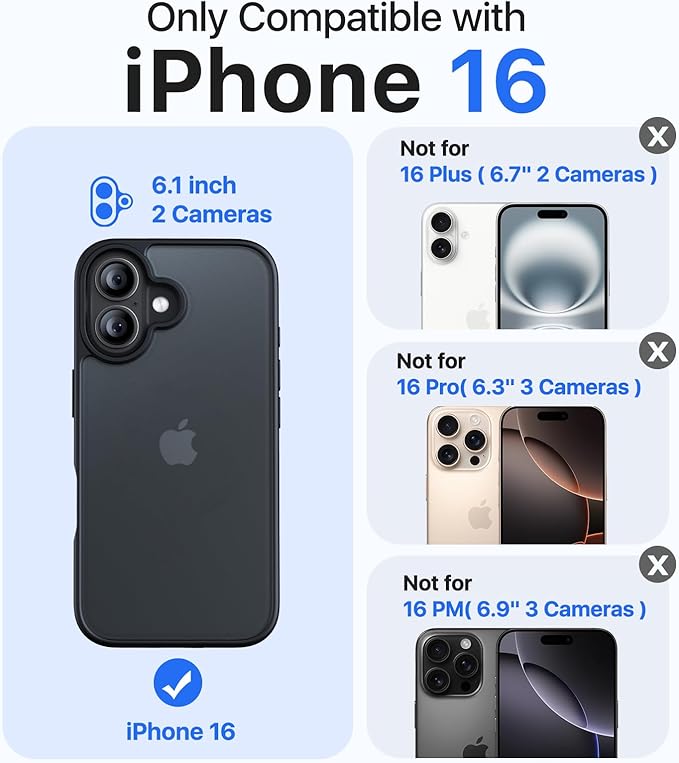 for iPhone 16 Case, [Military-Grade Drop Protection][Anti-Yellowing] Shockproof Protective Translucent Matte Cover for iPhone 16 Phone Case,Titanium Black