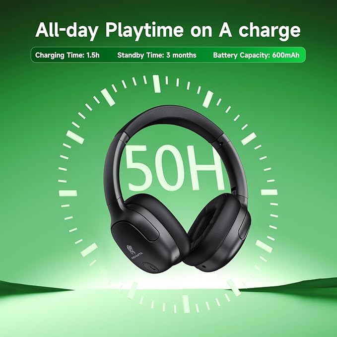Hybrid Active Noise Cancelling Headphones, Wireless Over Ear Bluetooth, 50H Long ANC Playtime, Rotatable and Foldable, HiFi Audio Deep Bass, Customized EQ via APP, Transparency Mode (Black)