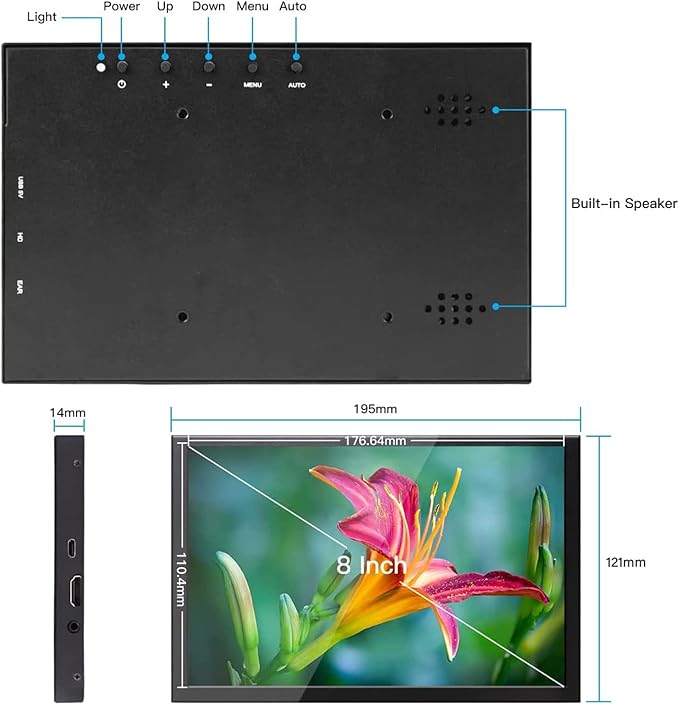 ELECROW 8 Inch Portable Monitor, 1280x800 Mini HD Display with Built-in Speakers, USB Powered, Non-Touch LCD Screen for Raspberry Pi, PC, Laptop, Jetson Nano, Game Consoles