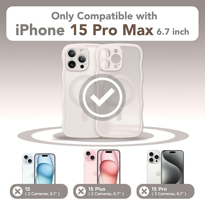 CAPRARO Cute for iPhone 15 Pro Max Case, Compatible with MagSafe, [Curly Wave Edge] [Full Camera Protection] [14 FT Drop Protection] Magnetic Phone Case for 15 Pro Max 6.7 Inch, Stone