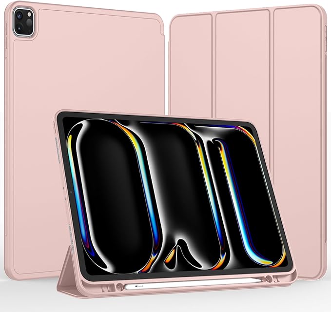 iMieet iPad Pro 13 Inch Case (M5/M4) 2025/2024 with Pencil Holder, Trifold Stand Smart Case with Soft TPU Back, Auto Wake/Sleep (Rose Pink)