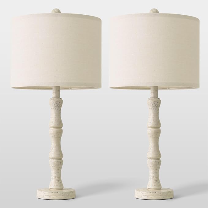 BOBOMOMO 25" Farmhouse Bedside Lamps Set of 2, Vintage Nightstand Lamps with Antique White Resin Base & Linen Shade, Standard Table Lamps for Bedroom, Living Room, End Table & House Décor