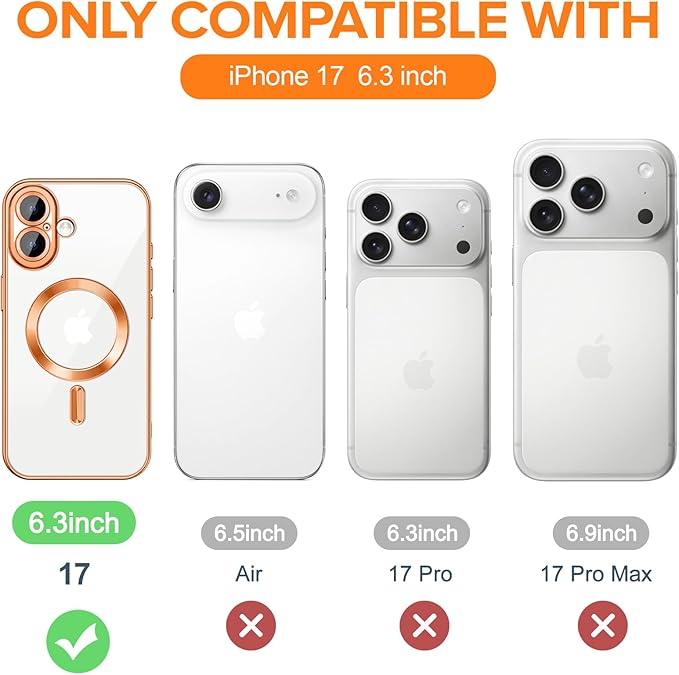 Hython Magnetic Clear for iPhone 17 Case with Camera Lens Protector [Compatible with MagSafe] Luxury Plating Edge Slim Soft TPU Cover Protective Phone Case for iPhone 17 6.3", Orange