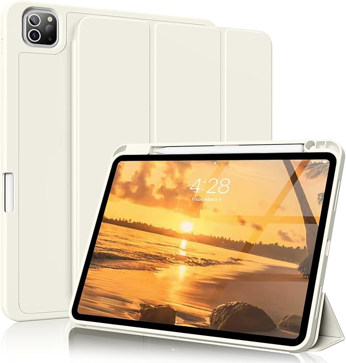 for iPad Pro 12.9 Case (6th/5th/4th/3rd Generation 2022/2021/2020) & ipad Air 13 inch case (M3 2025/M2 2024) with Pencil Holder, Smart Slim Trifold Stand Case with Soft TPU Back (Cream White)