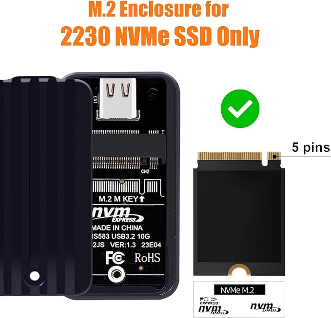 2230 NVMe Enclosure USB-C 3.2, 10Gbps External Drive Case for M.2 2230 PCIe SSD M Key, Type C to Type C/USB A Cable, Support UASP Trim, Aluminum Alloy, Compatible with Windows, macOS, Linux