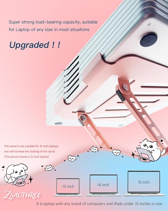 Upgraded Pink Swivel Laptop Stand - 360° Rotating Base & Foldable|Cute Cat Patterns for Healing Vibe|Fits MacBook & 13-15" Laptops|Ideal for Desk Work,Office,Travel,Home,Painting