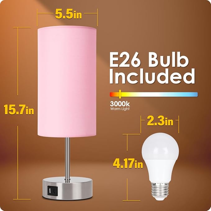 Yarra-Decor 【Upgraded Bedside Lamp with USB A+C Charging Ports & AC Outlet Touch Control Table Lamp for Girl Bedroom 3 Way Dimmable Nightstand Lamp with Pink Shade for Home, Dorm(Bulb Included)