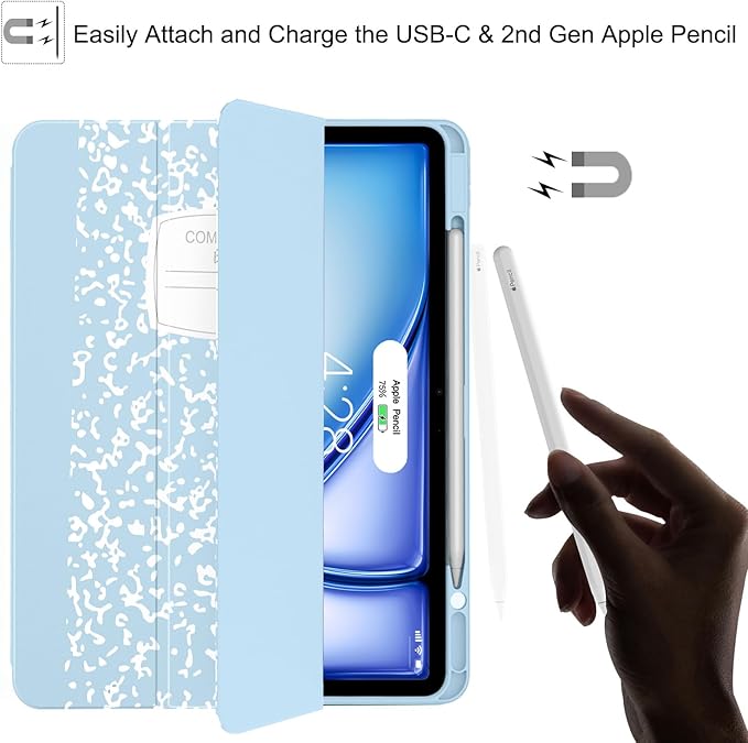 Soke Case for iPad Air 13 Inch (M4/M3/M2,2026-2024), iPad Pro 12.9" 6th/5th Generation with Pencil Holder(2021 2022 Release)-[Apple Pencil Charging + Auto Wake/Sleep] Soft Back Cover, Book Ice Blue