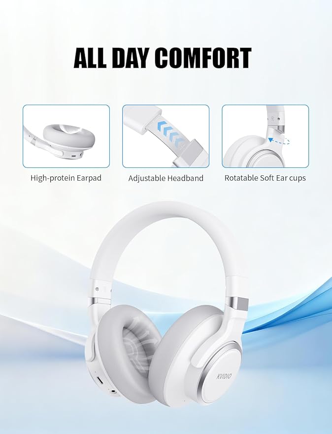 KVIDIO Hybrid Active Noise Cancelling Headphones, Wireless Bluetooth Headphones Over Ear with Mic, 70H Playtime, Transparency Mode, Hi-Fi Stereo Sound, Deep Bass Headsets for Phone PC Travel Home