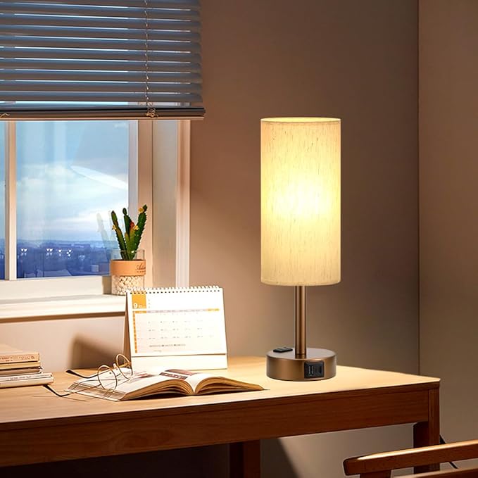 Fenmzee Brown Bedside Table Lamp for Bedroom - 3 Way Dimmable Touch Lamp USB C Charging Ports and AC Outlet, Small Lamp Round Flaxen Cream Fabric Shade for Living Room, Desk, LED Bulb Included