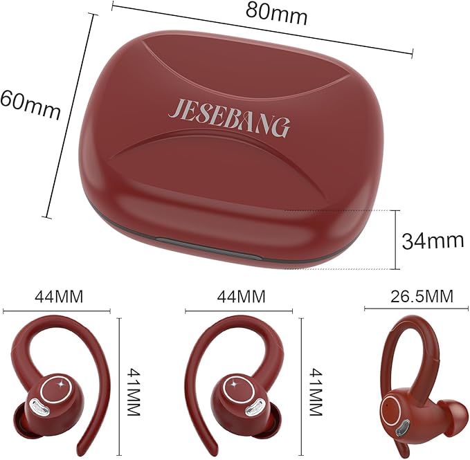 Jesebang Wireless Earbuds Bluetooth 5.4 Headphones Sport, 2025 Wireless Earphones with Earhooks, HiFi Stereo Deep Bass with ENC Mic, 40H Dual LED Display, IP7 Waterproof Ear Bud for Small Ear, Red