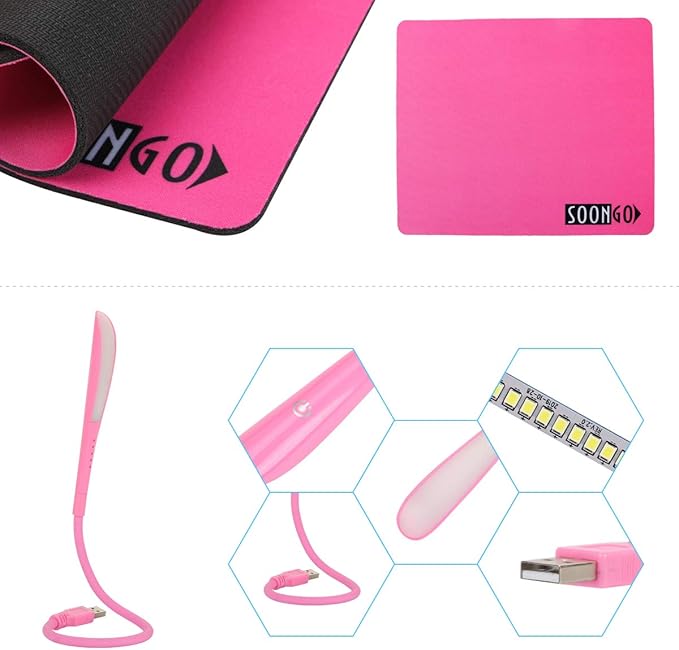 Pink Mouse and Pad USB LED Light 3 in 1 Gift Comb Kids Mouse for Laptop Home Office Travel by SOONGO