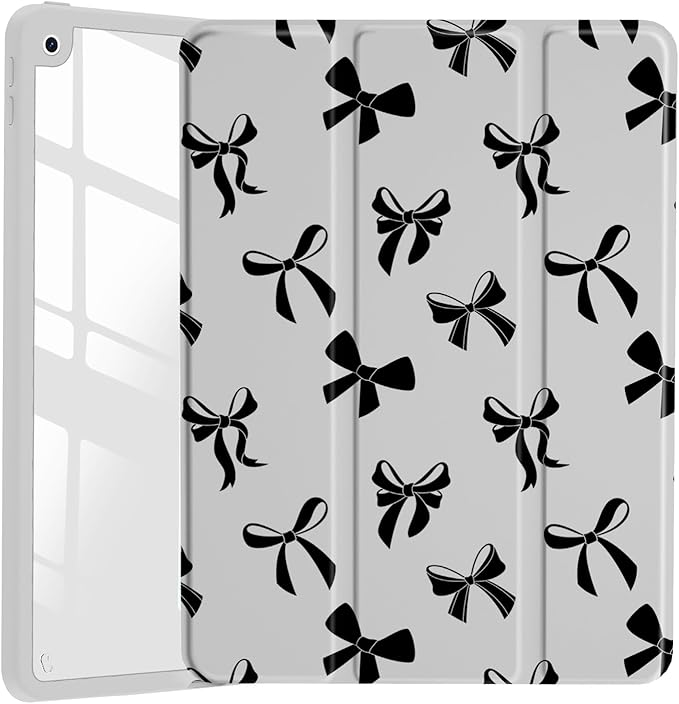 JOYLAND Cool Black Ribbon Bowknot Case for iPad Pro 11-inch (M4) 2024 5th Generation,Clear Acrylic Hard Back Grey Case with Pencil Holder Trifold Stand Tablet Cover (Model Number:A2836/A2837/A3006)