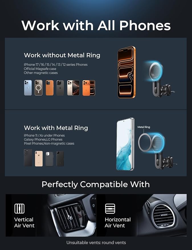 LISEN for MagSafe Car Mount, Magnetic Phone Holder for Car Air Vent Phone Mount, Hands Free Car Phone Mount Phone Holders for Your Car Accessories for Women Men for iPhone 17 Pro Max, Gifts for Mom