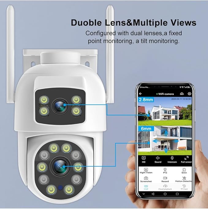 EVERSECU Dual Lens Linkage 6MP WiFi PTZ Security Camera Outdoor, 360° View, Auto Tracking, Motion Detection, Color Night Vision, 2-Way Audio, Compatible with Alexa