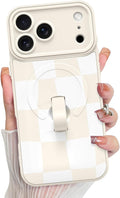 KANGHAR Compatible with iPhone 17 Pro Max Case, Support for MagSafe, Silicone Checkered Cute Pattern, Wristband Kickstand Camera Protection Soft Slim Cover for Girls Women -White