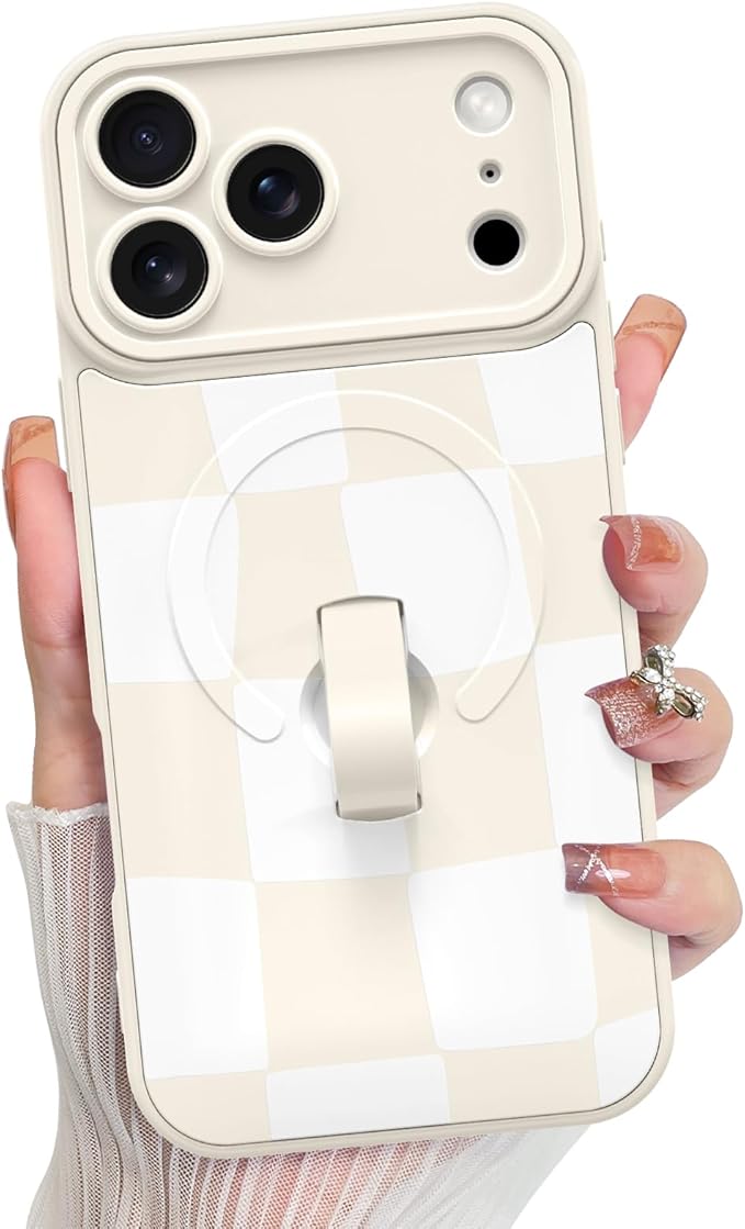 KANGHAR Compatible with iPhone 17 Pro Max Case, Support for MagSafe, Silicone Checkered Cute Pattern, Wristband Kickstand Camera Protection Soft Slim Cover for Girls Women -White