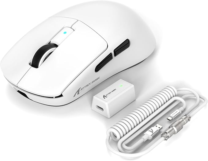 ATTACK SHARK R6 39g Superlight Wireless Gaming Mouse,PixArt PAW3950MAX 42000 DPI,MCU Nodic 52840 Computer Mouse,8K Polling Rate Web Driver,BT/2.4Ghz/Wired Tri-Mode Mice with Coiled Cable-White