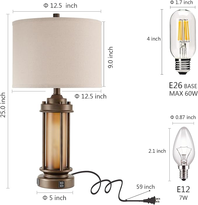 AIEAMPDO Set of 2 Farmhouse Table Lamps for Living Room, Rustic Vintage Bedside Lamps with 2 USB Ports, Bedroom Nightstand Lamp with Amber Glass Nightlight for End Table Entryway, 4 Bulbs Includes