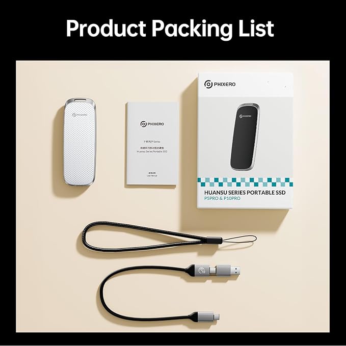 PHIXERO P10PRO External NVMe SSD 512GB, Up to 1050MB/s, USB 3.2 Gen2, Includes 2-in-1 USB C Cable, Portable Hard Drive for iPhone 15/16 PRO/Android/Mac, White