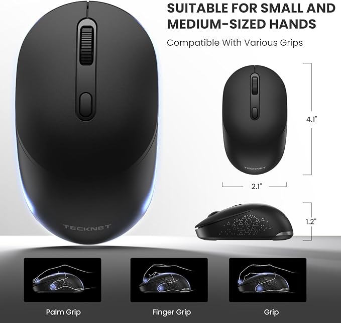 TECKNET Bluetooth Wireless Mouse, Bluetooth 5.2 & 2.4G USB-A Receiver, Compact & Portable, Silent Click, Ergonomic Symmetrical Design, 18-Month Battery, Adjustable DPI, Wide Compatibility - Black