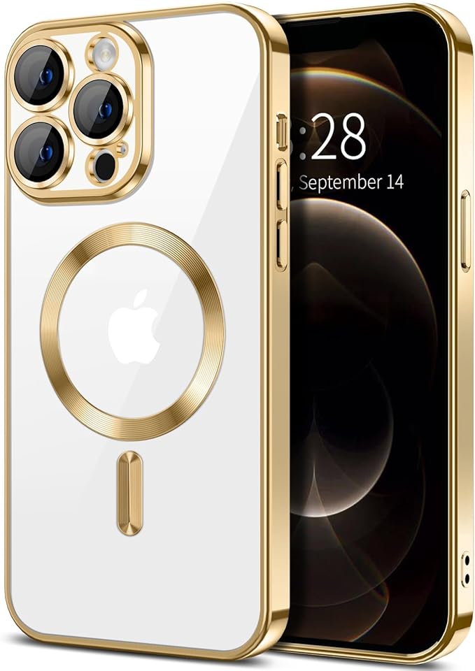 Hython Magnetic Clear for iPhone 12 Pro Case with Camera Lens Protector [Compatible with MagSafe] Luxury Plating Edge Slim Soft TPU Cover Protective Phone Case for iPhone 12 Pro 6.1", Gold