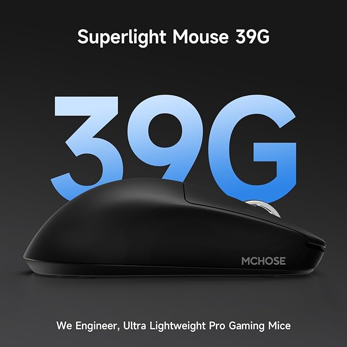 MCHOSE L7 Pro Wireless Gaming Mouse Super Light 39g, Gaming Mouse Esport with 26K DPI, Optical Switch, Programmable Buttons, Dual 8K Polling and PAW3395 Sensor, Tri-Mode Connection, PC/Mac - Black