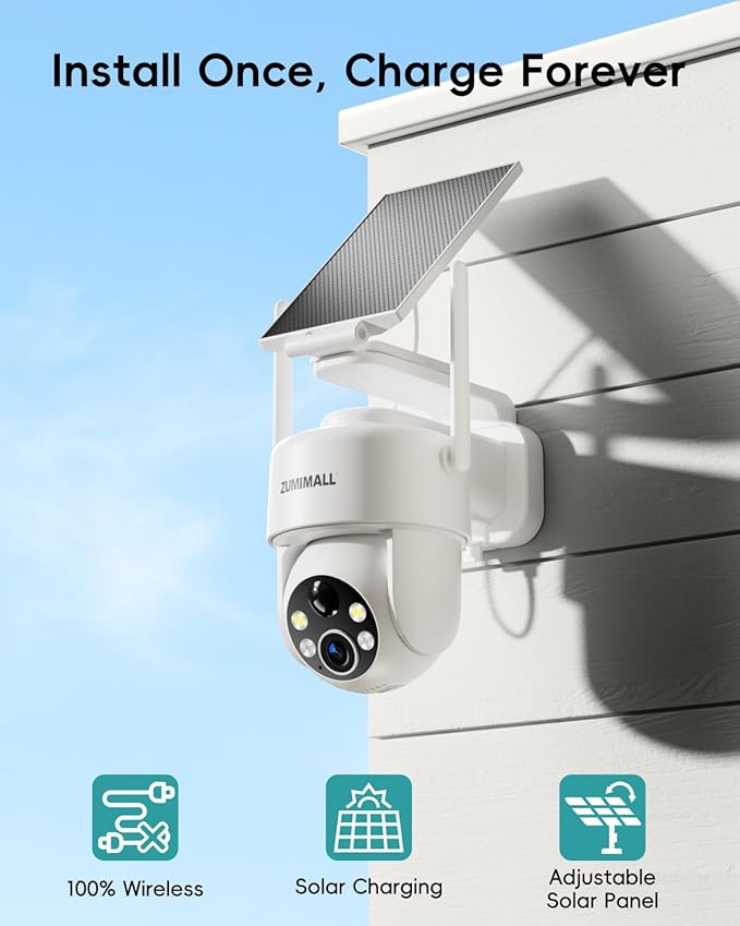 ZUMIMALL 2K Solar Security Cameras Wireless Outdoor 2-Pack, 360° PTZ Camera for Home Security with Color Night Vision, Flexible Mount, PIR Motion, 2-Way Talk, Free Cloud Storage, Work with Cloudedge