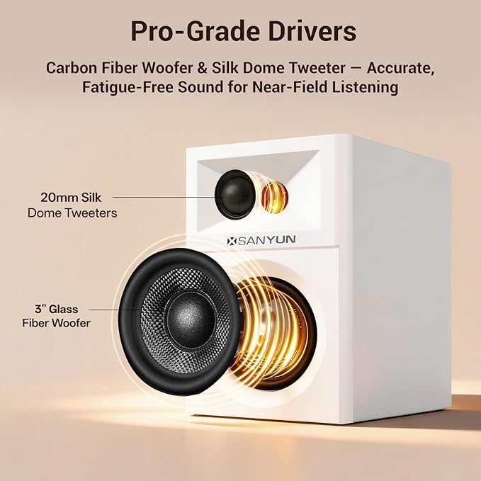 Sanyun SW203 2.0 Desktop Computer Speakers - Near-Field 3D Stereo with Vertical Imaging - 60W Triple-DSP Dual Independent Drive - 24bit USB-C DAC Bluetooth 5.4 AUX, HiFi PC Gaming (Pair, White)