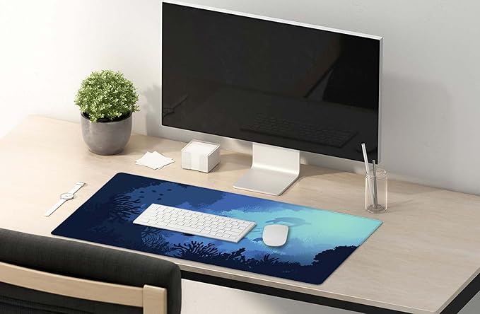 SSOIU Blue Ocean Big Turtle Desk Mat, Under The Sea Peaceful Extra Large Mouse Pad, Extended Gaming Mat 35.5" X 15.7", Large Non-Slip Rubber Base with Stitched Edges