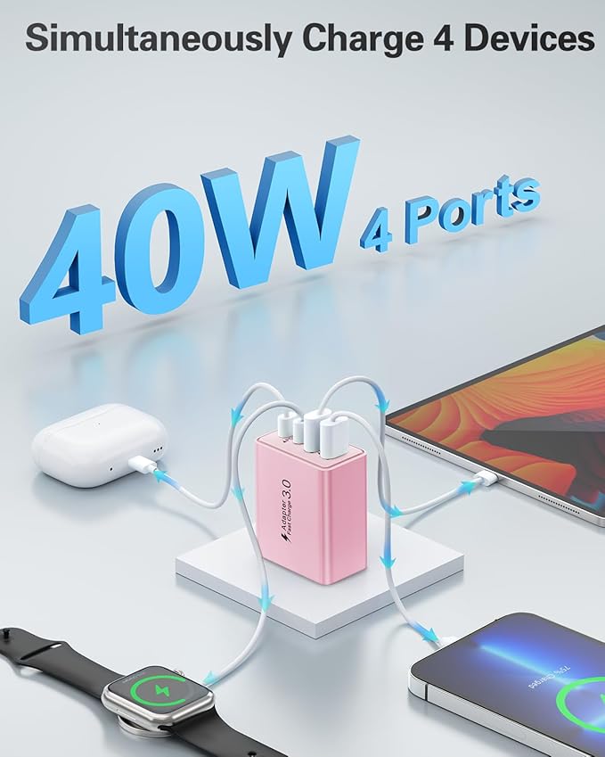 USB C Charger Block, 2-Pack 40W Fast USBC Charging Block 4-Port Dual PD+QC Power Adapter Double USBC Charger Block Multiport Type C Cube Wall Plug for iPhone 16 15 14 13 12 11 Pro Max,Samsung