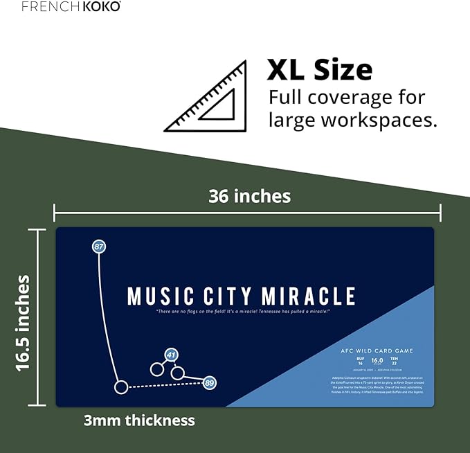French KOKO Large Tennessee Football Desk Mat 36" x 16.5" – XL Desk Pad Mat Featuring The Music City Miracle Play, Oversized Mouse Pad Protector, for Men, Teen Boys, Dad, Office