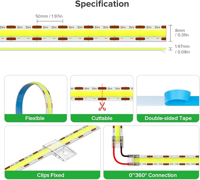 6.56FT/2M 5V USB LED Light Strip Green Flexible High Density COB Strips 640LEDs, 8mm LED Tape for Under Cabinet Bedroom No Controller and Power