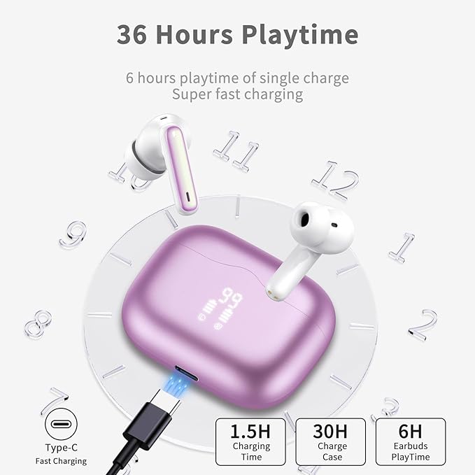 Wireless Earbuds, 2026 Bluetooth 5.4 Ear Buds in Ear with 4 ENC Noise Cancelling Mic, New Wireless Earphones HiFi Stereo Deep Bass 40H Playtime, In-Ear Bluetooth Earbuds LED Display IP7, Violet