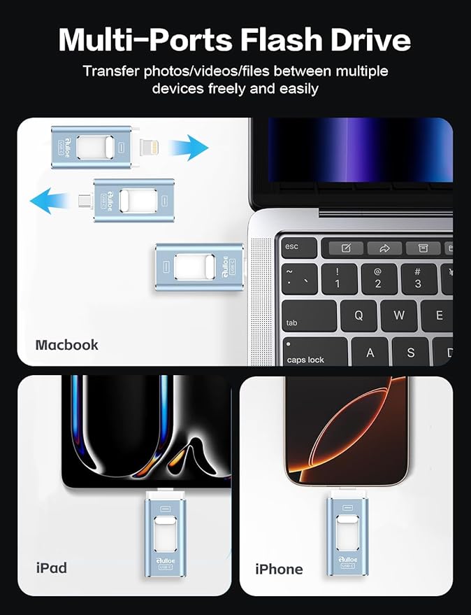 Gulloe 256GB Dual Interface Flash Drive for Phone Storage Photos Videos, Phone USB Backup External Photo Memory Stick - No App Required, Compatible with iPhone, iPad, Android & PC (Mist Blue)
