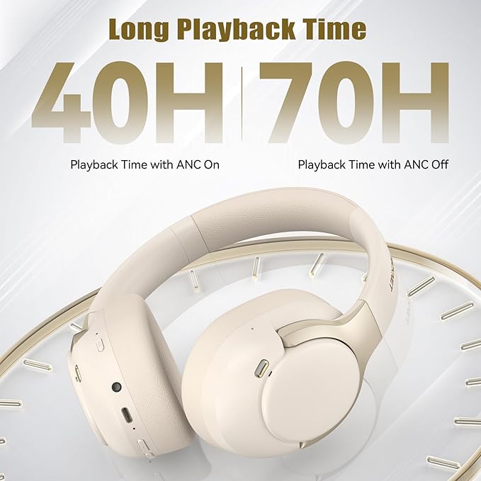 TECKNET Hybrid Active Noise Cancelling Headphones, Bluetooth 6.0 Wireless Headphones, 70H Playtime and 6 EQ Music Modes with 3.5mm Cord, Over Ear Headphones for Travel Work Cellphone - White