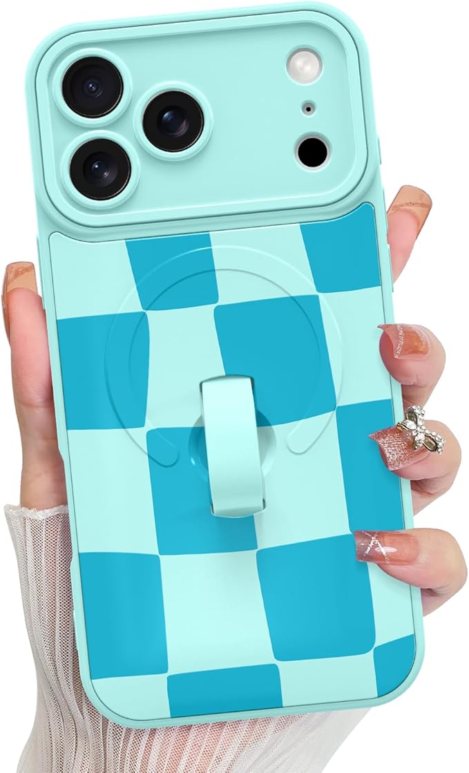 KANGHAR Compatible with iPhone 17 Pro Max Case, Support for MagSafe, Silicone Checkered Cute Pattern, Wristband Kickstand Camera Protection Soft Slim Cover for Girls Women -Blue