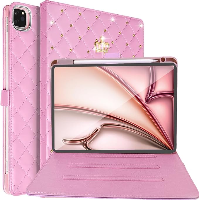Changjia for iPad Air 11 Inch Case M4 (2026)/M3 (2025)/M2 (2024), iPad Air 5th/4th Gen 10.9" (2022/2020) with Pencil Holder, Girly Cute Crown Diamond Elegant Auto Sleep/Wake Stand Protective Case,Pink