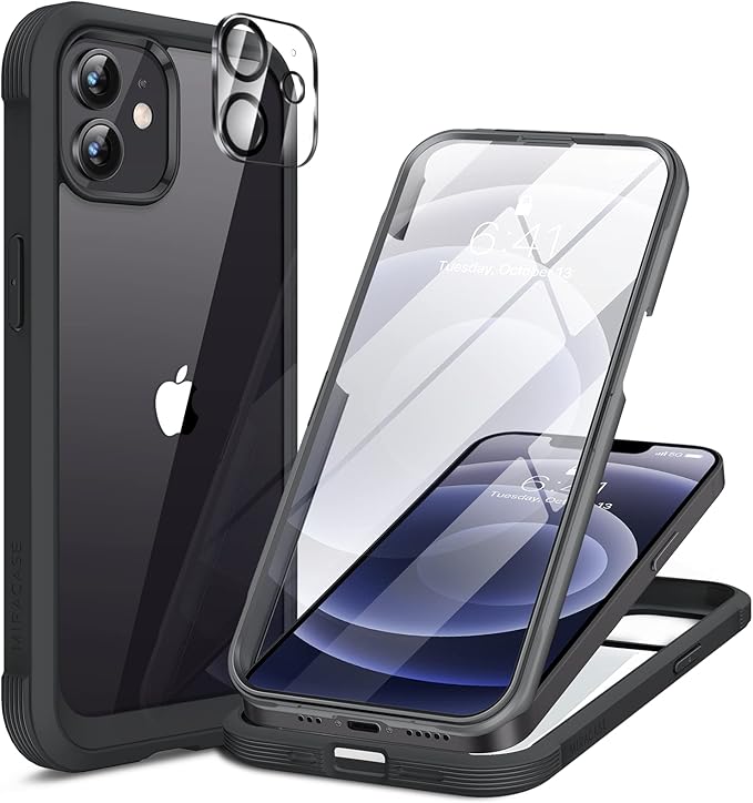 Miracase Glass Series for iPhone 12/12 Pro Case 6.1 inch, Upgraded Full-Body Rugged Phone Bumper Case Cover with Built-in 9H Tempered Glass Screen Protector and Camera Protector, Black